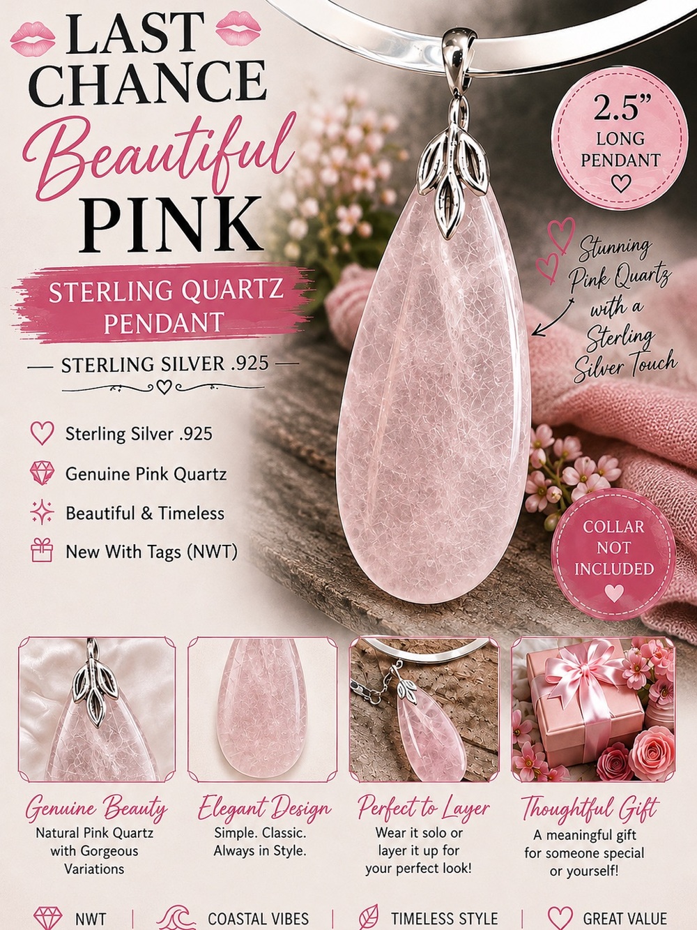 .925 Pink Sterling Quartz Pendant (collar not included) Gorgeous